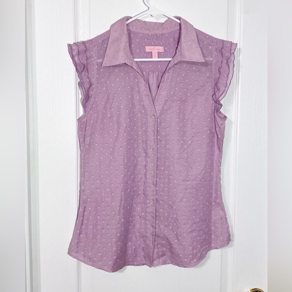 Lilly Pulitzer Ruffle Cap Sleeve Swiss Dot Semi Sheer Button Blouse Lilac Size 6
